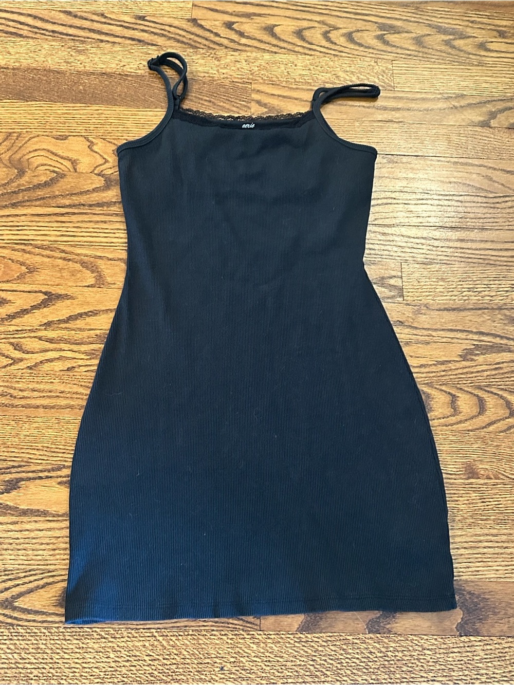 aerie Black Ribbed Slip Mini Dress with Lace Trim